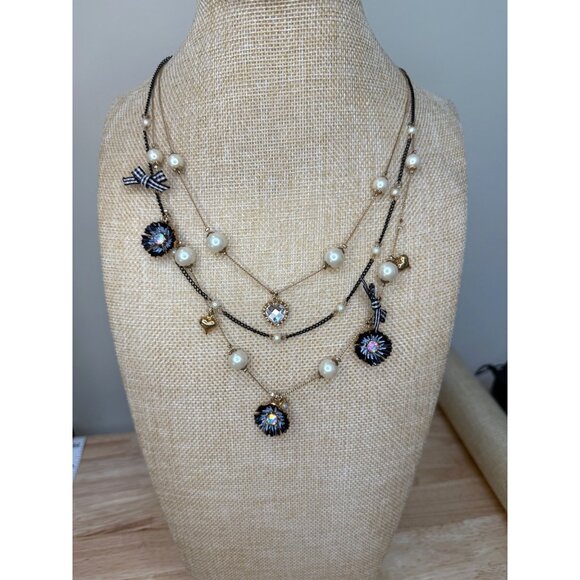 Betsey Johnson Jewelry - Betsey Johnson Multi-Layered Pearl & Crystal Necklace With Heart & Floral Charms